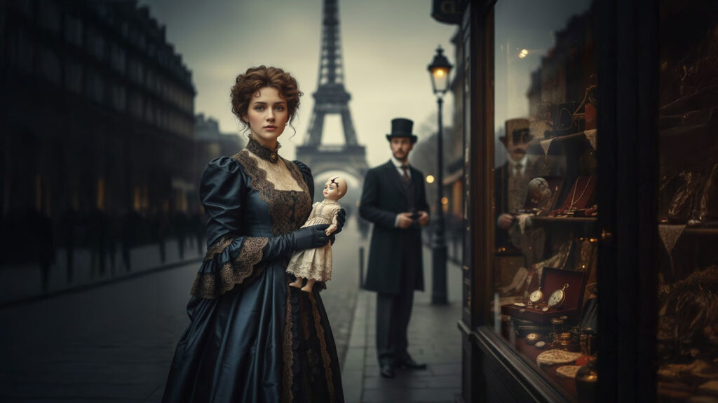 Kobieta w sukni z epoki wiktoriańskiej trzymająca lalkę na tle Wieży Eiffla w Paryżu, obok witryny antykwariatu.