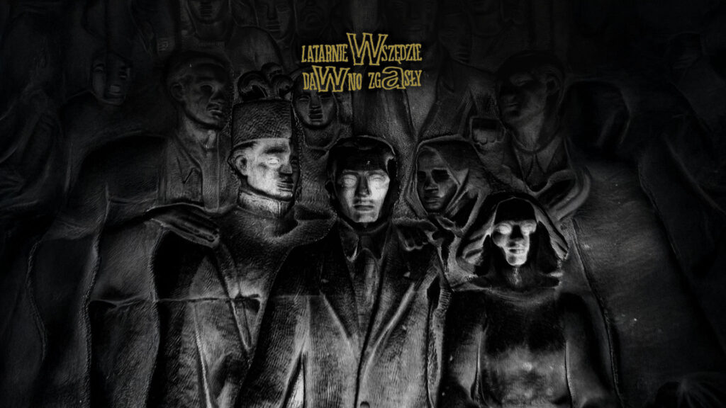 Mroczna, czarno-biała grafika przedstawiająca postacie z pustymi oczami, inspirowana twórczością Taco Hemingwaya z napisem "Latarnie wszędzie dawno zgasły"