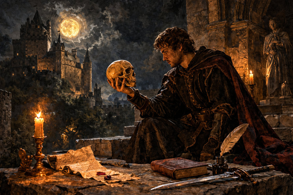 Kinowa, mroczna ilustracja przedstawiająca postać Hamleta w czarnym stroju, siedzącego nocą przy świecy i wpatrującego się w trzymaną w dłoni ludzką czaszkę. W tle widać oświetlony księżycem zamek.