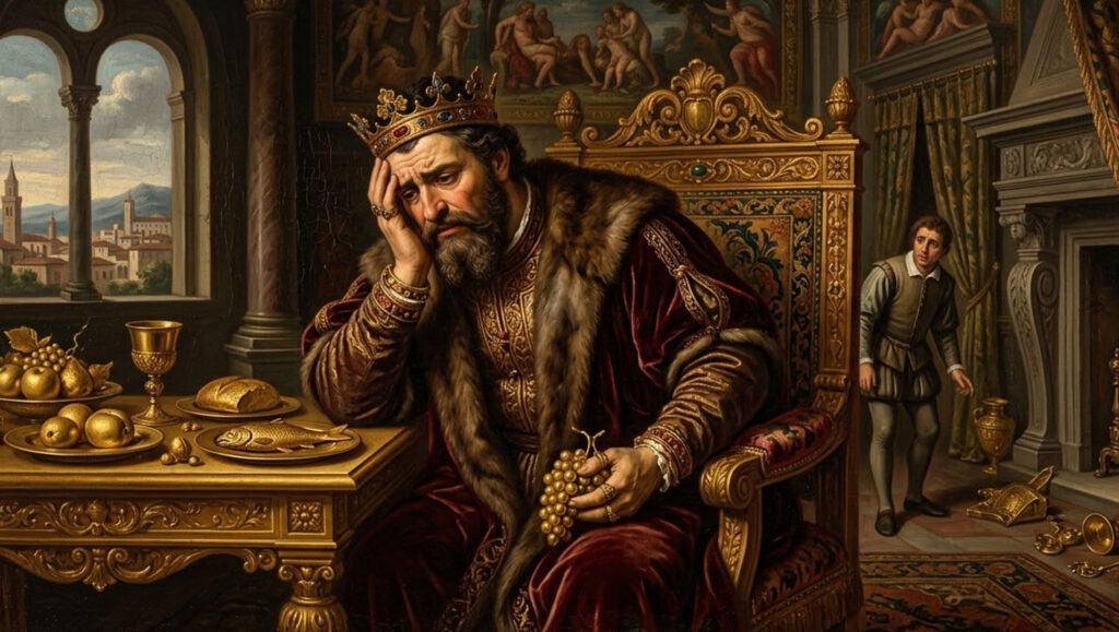 Obraz w stylu klasycznym przedstawiający króla Midasa siedzącego przy stole. Król trzyma się za głowę z wyrazem rozpaczy, a jedzenie przed nim (ryba, owoce) oraz kielich zmieniły się w złoto.