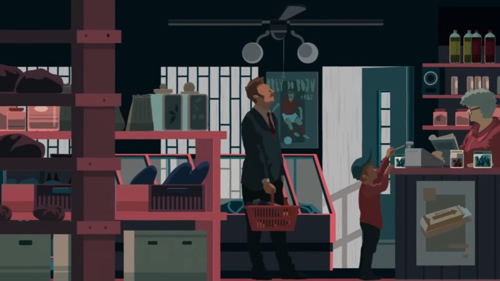 Scena w małym sklepie — mężczyzna w garniturze stoi z koszykiem, dziecko sięga po lizaka przy kasie, a starsza ekspedientka czyta gazetę.