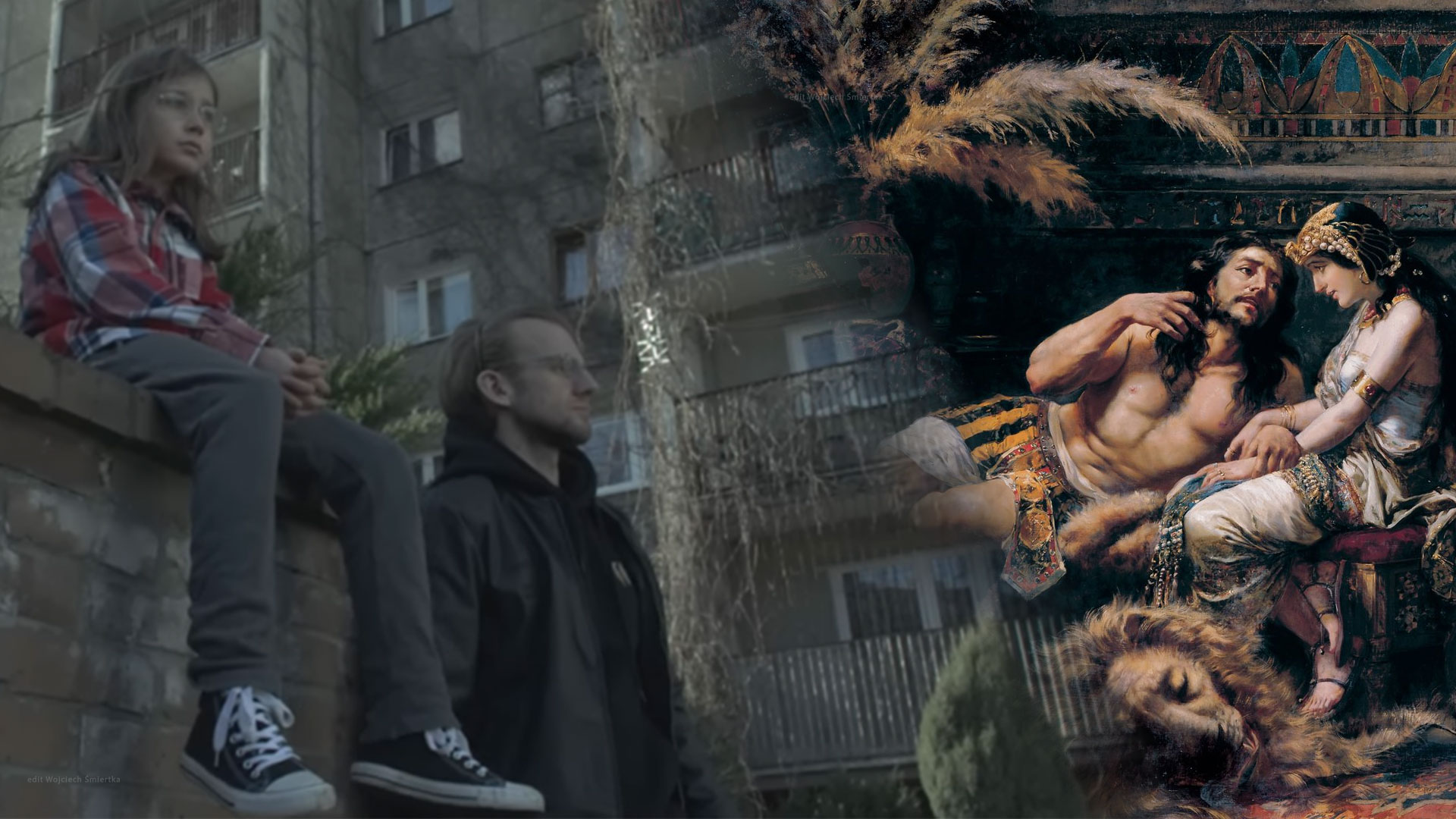 Kolaż z klipu KęKę „Samson” zestawiony z obrazem biblijnym Samson i Dalila.