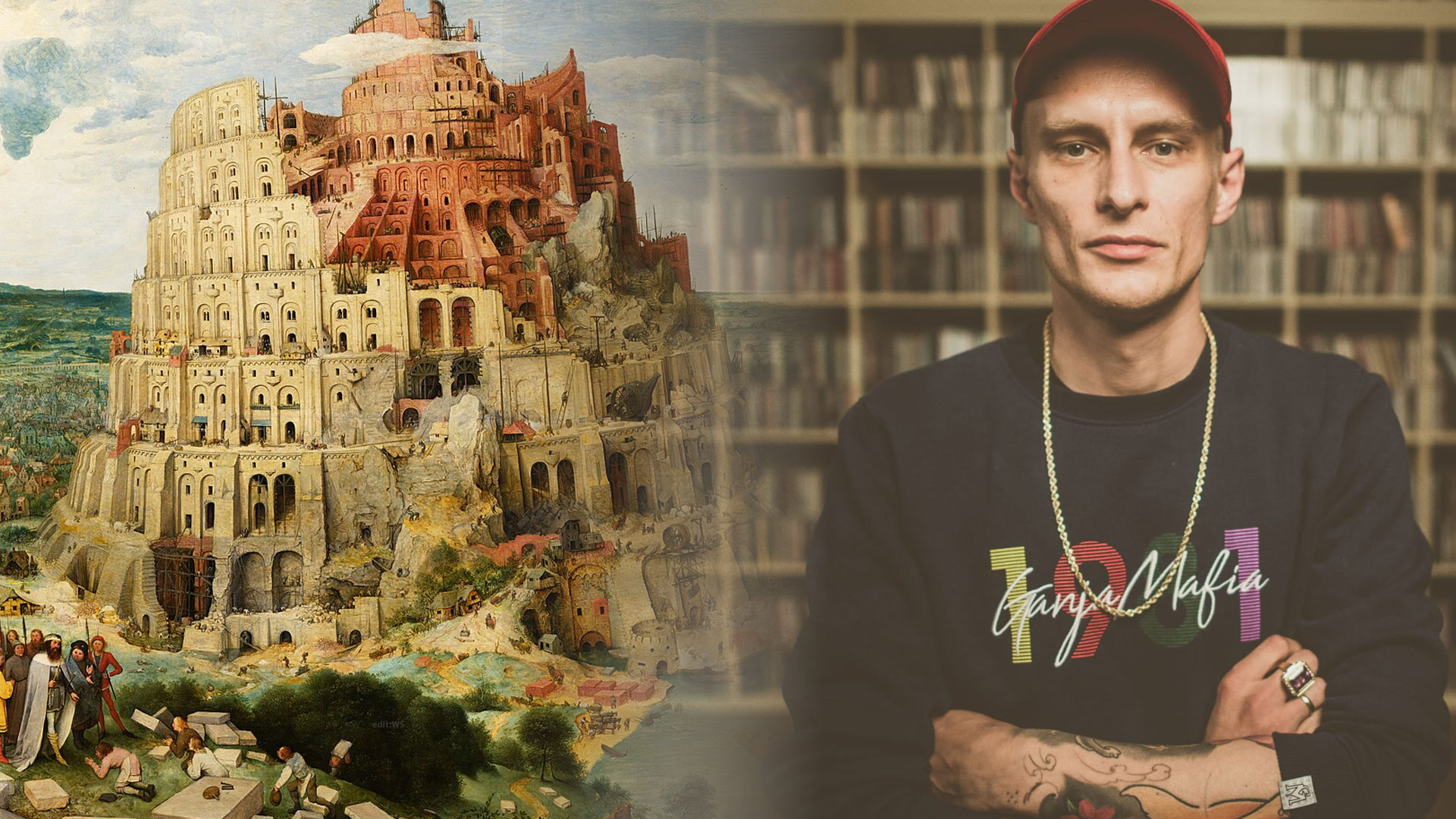 Kolaż przedstawiający Wieżę Babel i mężczyznę w czapce, stojącego na tle półki z płytami.