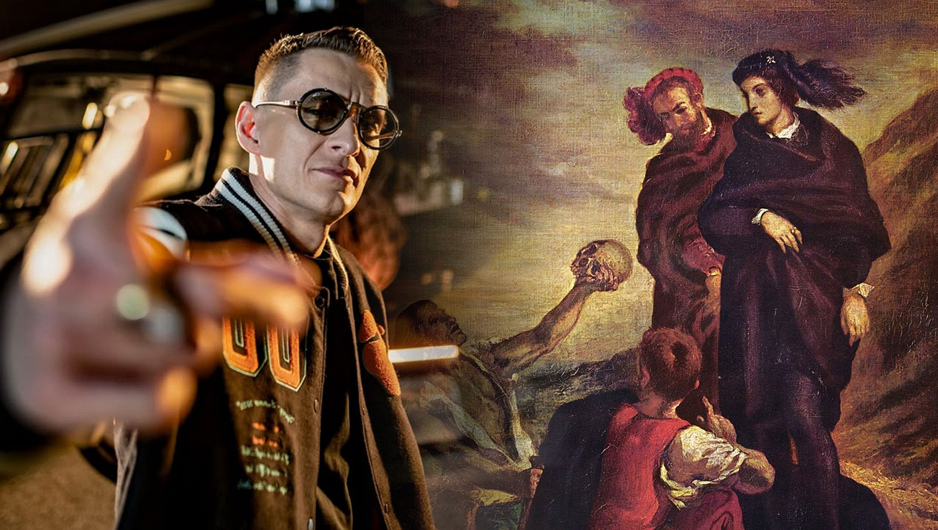 Kolaż przedstawiający po lewej stronie rapera Kali w ciemnych okularach i bejsbolówce, a po prawej fragment klasycznego obrazu olejnego ukazującego scenę z Hamletem i czaszką.