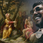 Kolaż łączący barokowy obraz przedstawiający sąd Midasa nad Apollem i Panem z nałożonym po prawej stronie portretem uśmiechniętego rapera Sentino w okularach przeciwsłonecznych i z biżuterią.