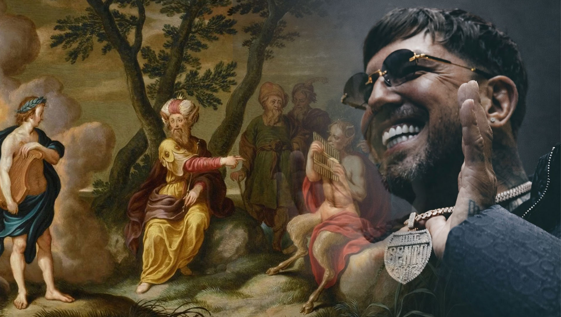 Kolaż łączący barokowy obraz przedstawiający sąd Midasa nad Apollem i Panem z nałożonym po prawej stronie portretem uśmiechniętego rapera Sentino w okularach przeciwsłonecznych i z biżuterią.