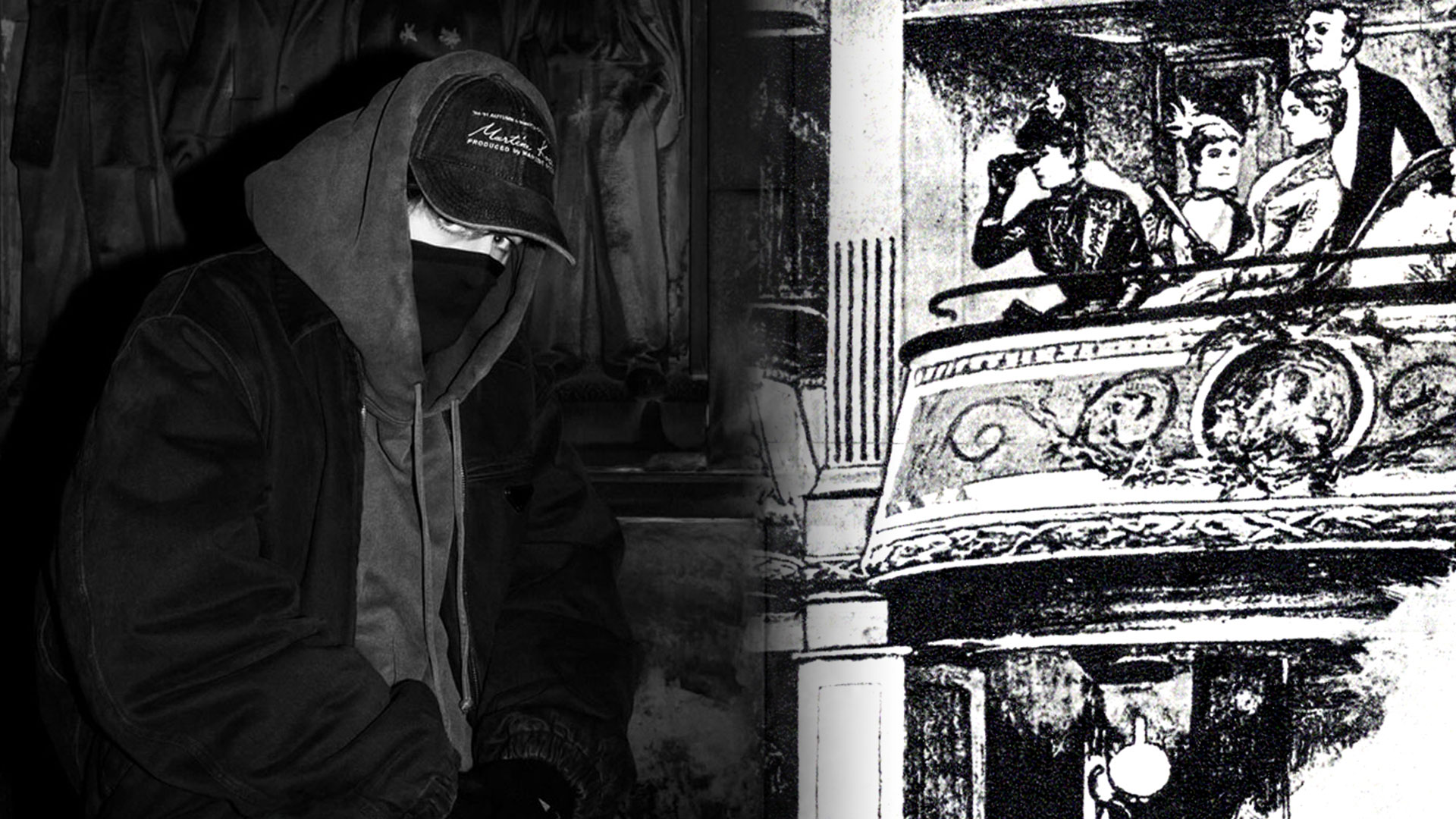 Mężczyzna w czarnej bluzie z kapturem, czapce z daszkiem i masce na tle mrocznej płaskorzeźby z postaciami – estetyka Taco Hemingway.